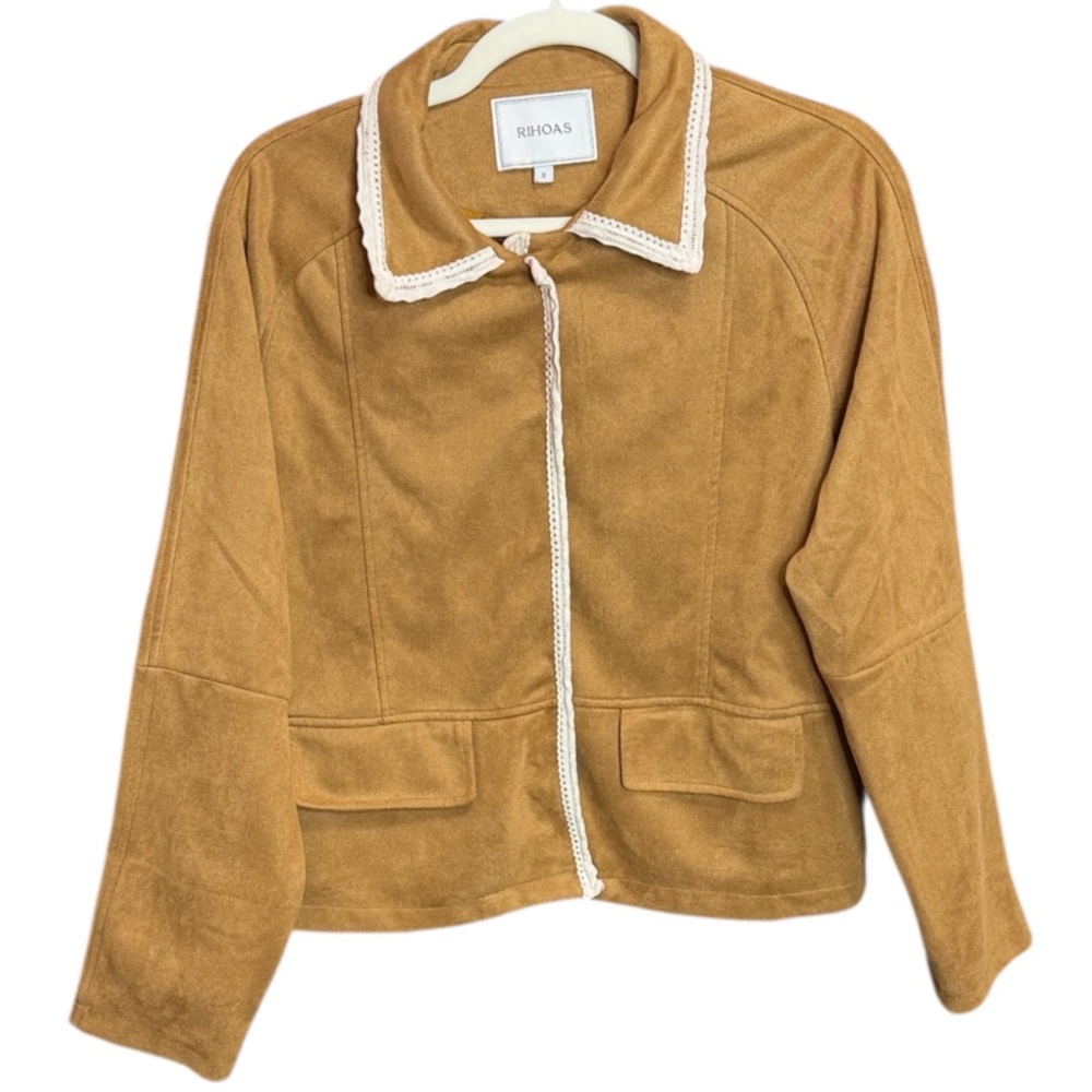 RIHOAS Brown Faux Suede Jacket Crochet Trim Button Front. Size S